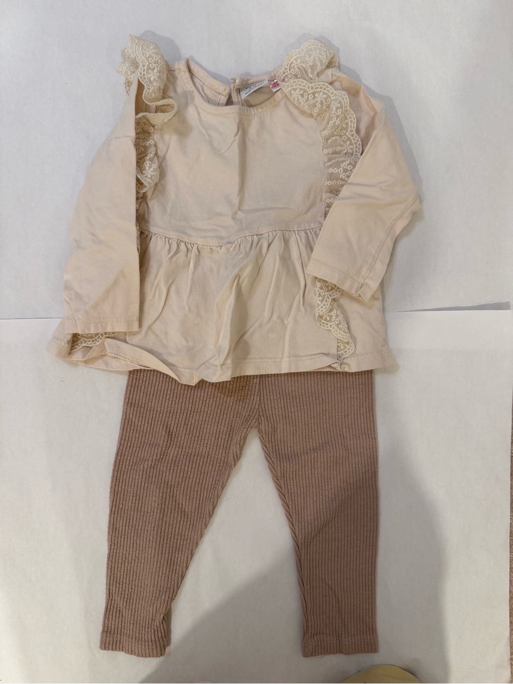 Zara Cream Lace Peplum Top with Taupe Ribbed Leggings